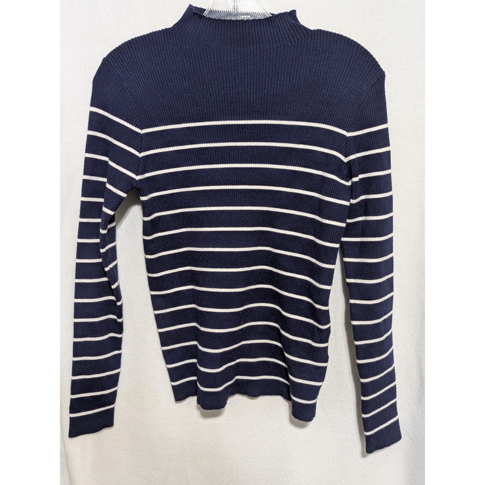 Navy Blue White Striped Mock Neck Ribbed Knit Long Sleeve Sweater Large